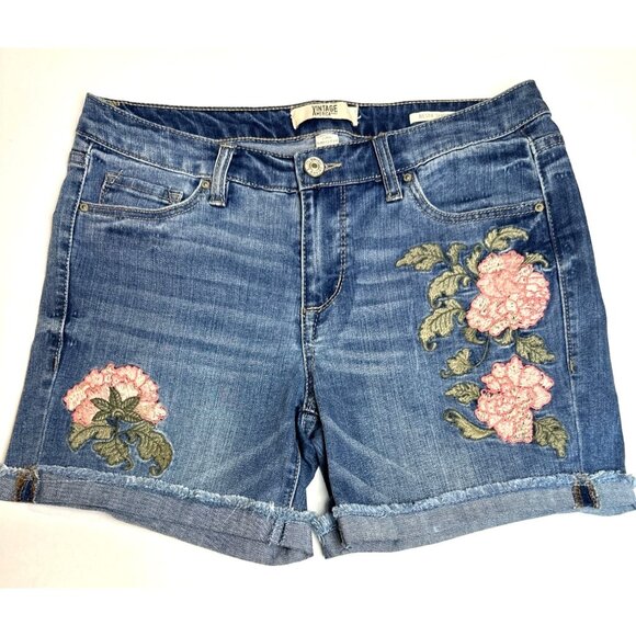 Coastal Retro Style Vintage America Blues Denim Shorts Size 2 Embroidered Flower - Picture 9 of 9